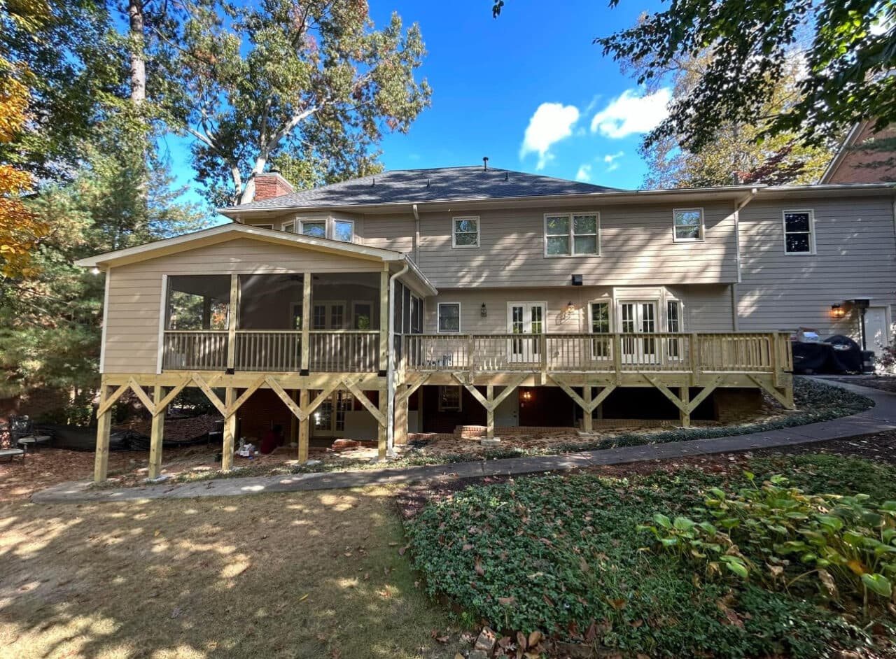 Deck, screen porch and fireplace